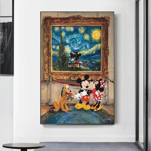 Graffiti Street Art Disney Starry Skyand Mickey Minnie Mouse Canvas Painting Posters and Prints Wall Art Picture for Home Decor