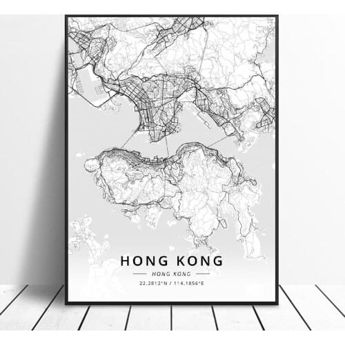Black and White Hong Kong Hong Kong White Latitude Longitude Canvas Art Map Poster
