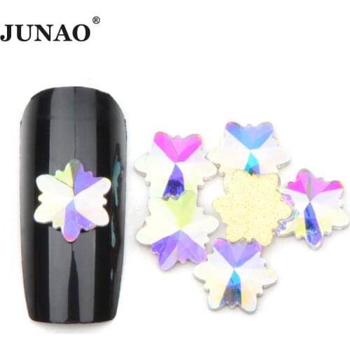 JUNAO 50pcs 8mm Snowflake Shiny AB Glass Rhinestone Flat Back Nail Art Decoration Flower Crystal Stone Sticker Non Hotfix Strass