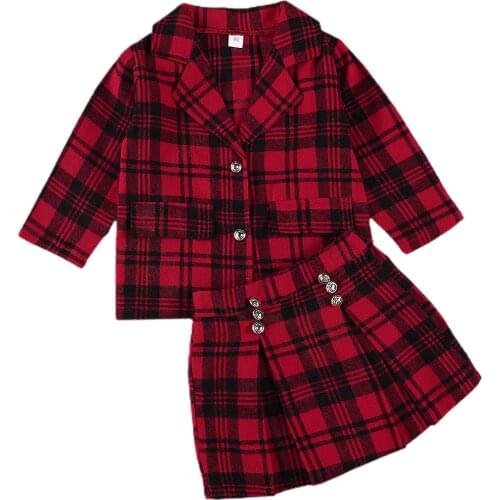 Toddler Child Kid Girl Red Plaid Clothes Set 2020 Autumn Spring Winter Long Sleeve Blazer Skirt Outfit Clothing 2PCs OL Style
