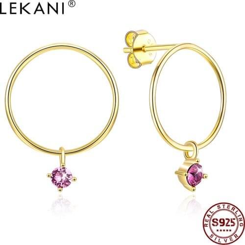 LEKANI Sterling Silver 925 Jewelry Minimalist Round Luxury Golden Earrings For Women Purple Austria Crystal Hanging Stud Earring