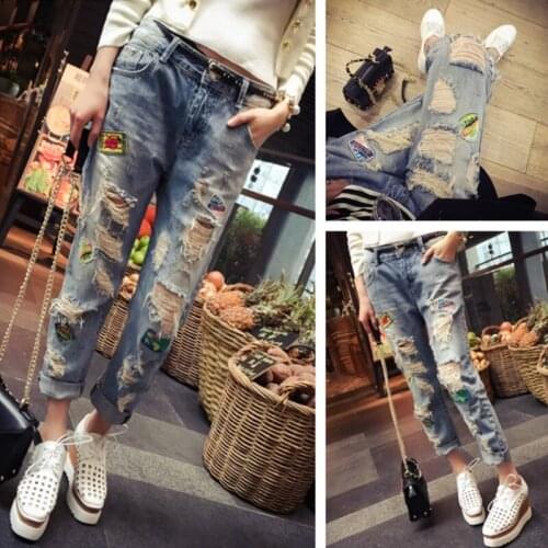 Summer large size womens loose look thin nine minutes pants Korean beggar broken fat MM200 jin small foot jeans