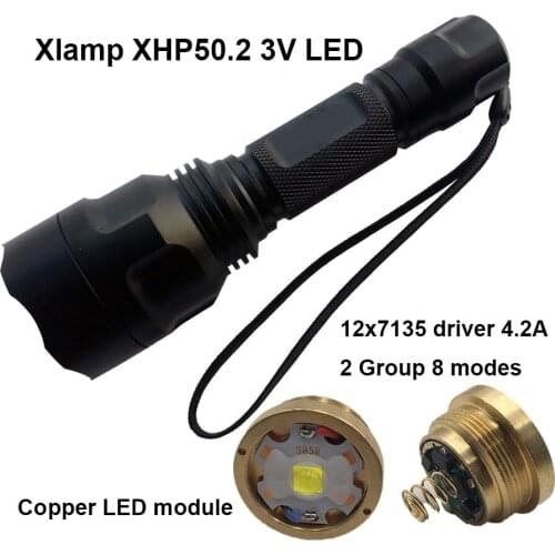 Powerful C8 Flashlight Pure Copper module 2600Lm XHP50.2 LED 12 x 7135 driver 4.2A XHP50 18650 Torch Hunting Hiking camping Lamp