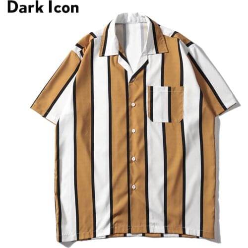 Dark Icon Striped Turn-down Collar Front Pocket Street Shirts Men 2019 Summer Hawaii Style Mens Shirts Hip Hip Shirt