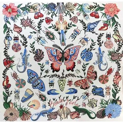 New 100% Silk Scarf Women Large Shawls Plant Butterfly Stoles Square Bandana Luxury Kerchief Hijab Scarf Female Foulards 130CM