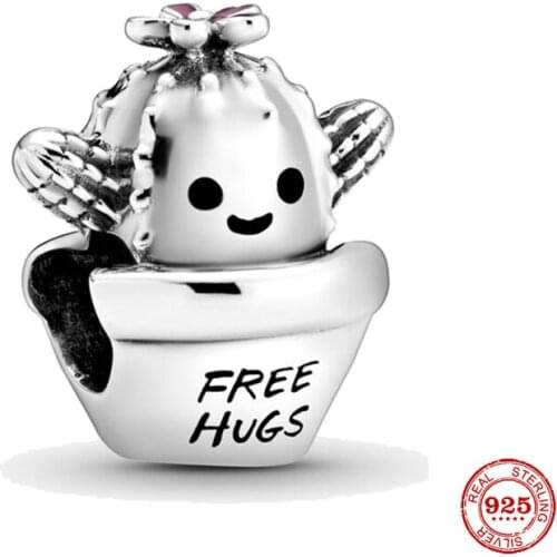 New 925 Sterling Silver Beads Free Hugs Cactus Charm Fits Original Pandora Bracelets DIY Jewelry Making For Women Gifts