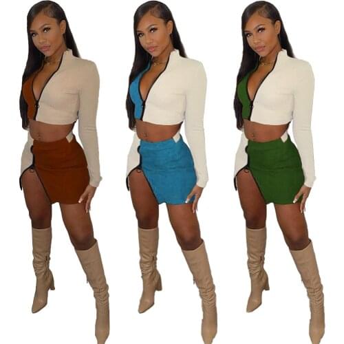 Casaul Women Skirt Set Color Patchwork Zipper Coat + Mini Dress Streetwear Office Lady Summer Clothes For Women Outfit