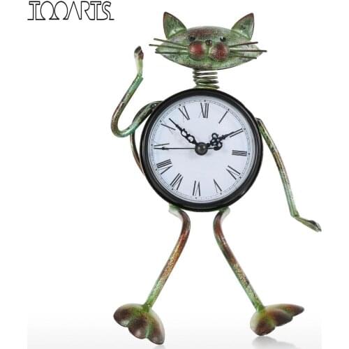 Tooarts Vintage Clock Metal Retro Cat Home Decoration Bronze Gold Mute Table Clock Handicraft Alarm Clock Iron Cat Sculpture