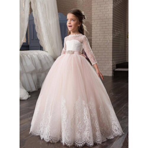 A-Line Flower Girl Dress Puffy Tulle Lace Ribbon Long Sleeves Princess First Communion Dress Pageant Gown