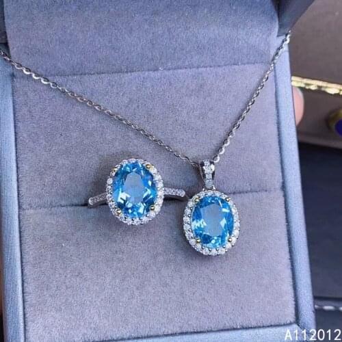 KJJEAXCMY fine jewelry natural blue topaz 925 sterling silver luxury girl new pendant necklace ring set support test with box