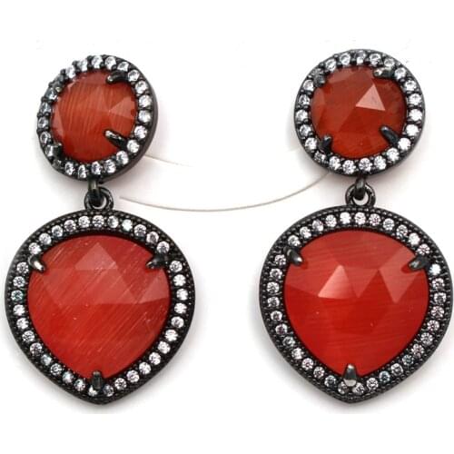 6pairs CZ Paved Red Blue Cats Eye Stone Dangle Earrings Geometric Heart Drops Earrings For Women Bridal Wedding Party Jewelry