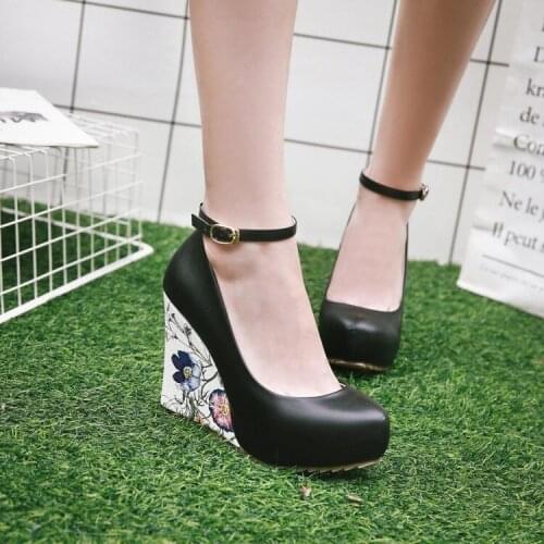 PXELENA New Plus Size 34-43 Wedge High Heel Party Wedding Pumps Shoes Floral Print Platform Ankle Strap Women Pumps Shoes Spring