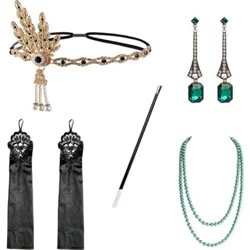 20s Party Women 1920s Flapper Accessories Feather Headband Gloves Cigarette Holder Great Gatsby Party Costume Accessories Set