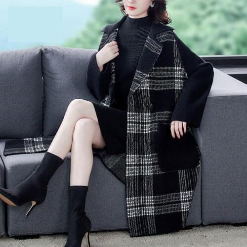 2021 Winter Women Plaid Woolen Long Coat Double Breasted Loose Office Lady Coats Female Tweed Womens Clothes Oversized 3xl