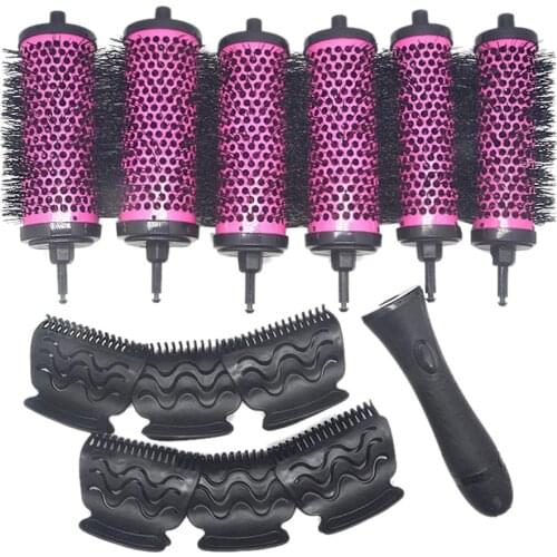 6pcs/set 3 Sizes Detachable Handle Hair Roller Brush with Positioning Clips Aluminum Ceramic Barrel Curler Comb Hairdresser