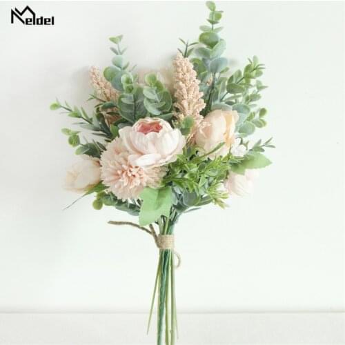 Meldel Forest Style Flower Bouquet Artificial Silk Peony Lucky Ball Flower Home Wedding Decoration Bride Bouquet Eucalyptus leaf