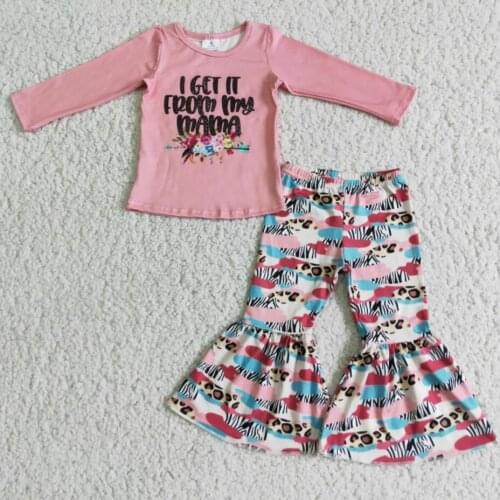 RTS Baby girls long sleeve mama flower print tee shirt top bell bottom pants children fall boutique outfits 2pcs clothing sets