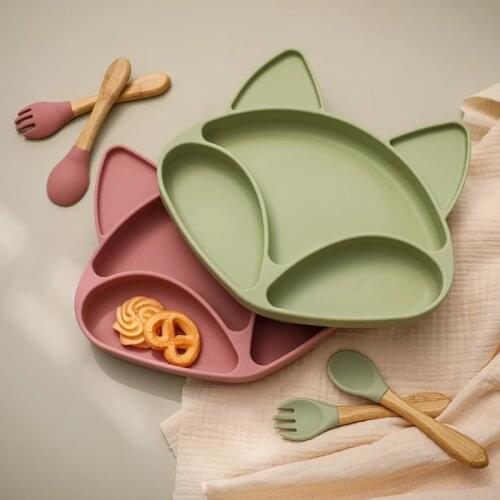 Baby Silicone Feeding Plate Cartoon Fox BPA Free Waterproof Silicone Dining Plate Bowl Spoon Fork Baby Tableware Gifts For Baby