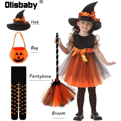 Children Girls Halloween Cosplay Witch Costume Teens Baby Girl Gown Infant Witch Dress Clothing Set Hat Pumpkin Bag Pantyhose
