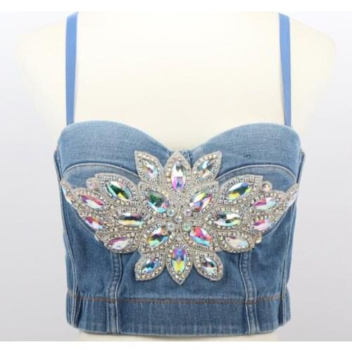 Denim Sexy Rave Clothing women Crop tops fashion Diamond Camis Backless Camisole Backless Spaghetti Straps Clubwear Stretch Vest