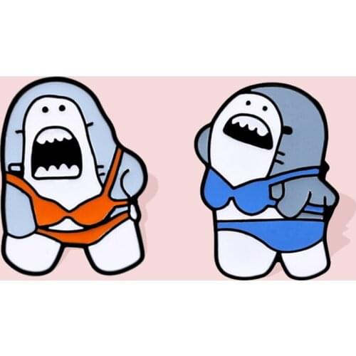 Jeans Bikini Shark Enamel Pins Cute Animal Brooches Bag Clothes Lapel Pin Summer Fish Ocean Sea Badge Funny Jewelry Gift for Kid