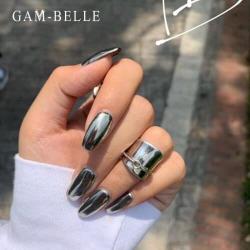 GAM-BELLE Holographic Metallic Mirror False Nails Punk Style Short Square Shape Artificial Press On Nails Tips Manicure Tools