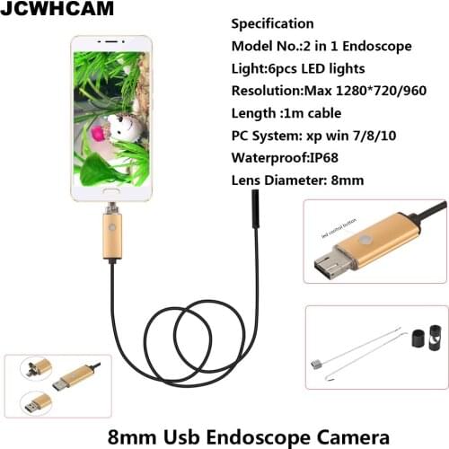 JCWHCAM Mini USB Android 8mm Dia 1m Length Endoscope HD 710P Inspection Snake Camera Waterproof Snake Pipe Borescope Cam For PC