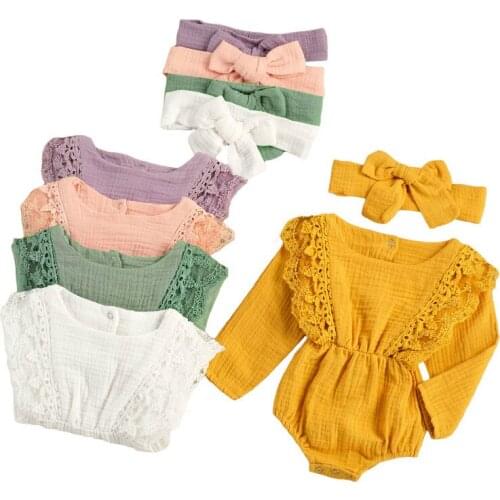 0-18M Cute Newborn Baby Girl Rompers Headband 2pcs Long Sleeve Solid Color Lace Jumpsuit Baby Clothes