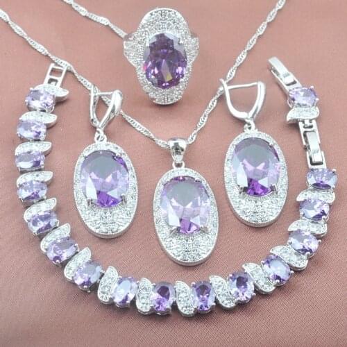 AAA Quality Silver Plated Noble Purple Stone Crystal Womens Jewelry Sets Bracelet Necklace Pendant Earrings Ring YZ0288