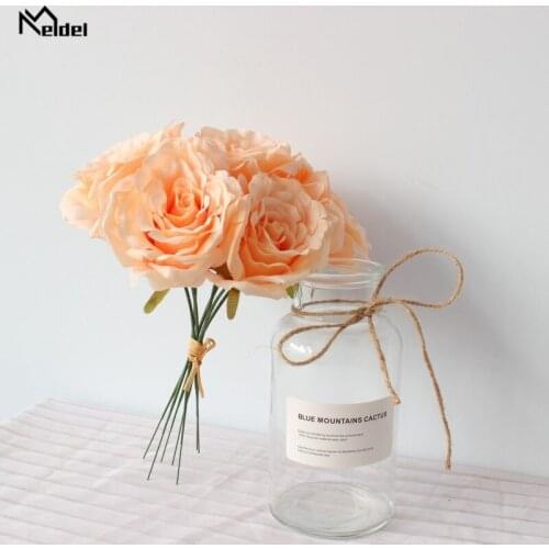 Meldel 7 Heads Silk Rose Artificial Flowers Bouquet European Fabric Rose Flower Bundle Wedding Home Decoration Fake Rose Flowers