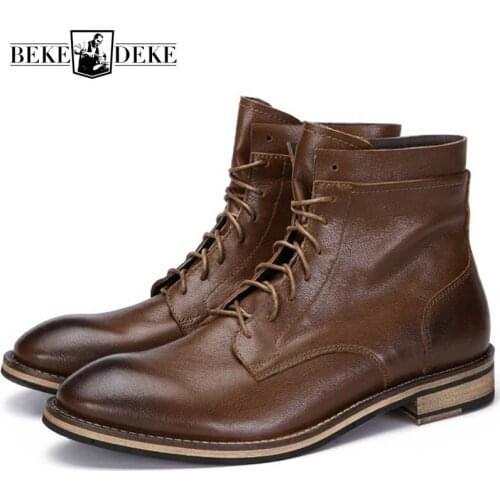 Mens Office Work Genuine Leather Ankle Boots Sheep Fur Lining Warm Winter Ankle Boots British High Top Safety Shoes Plus Size