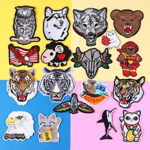Cartoon Koala, tiger, sheep and Wolf, Eagle, shark, bear Patches Iron On Embroidery Applique Kawaii Cat Clothes Badges