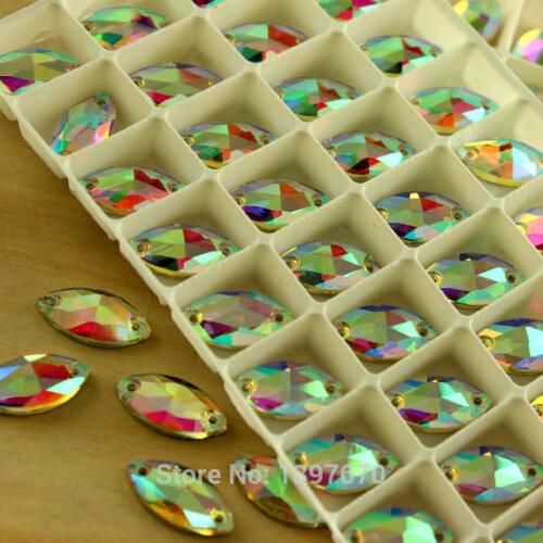 Navette shape 50pcs Crystal AB crystal Sew On Rhinestones Flatback Sewing-on Crystals With Holes For clothing accessories
