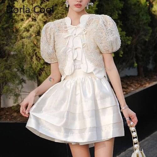 New 3 Pieces Suit for Women Mesh Sexy Perspective Top Mini Aline Skirt Lolita Style Sweet Sets Lady Elegant Party Chic Clothing