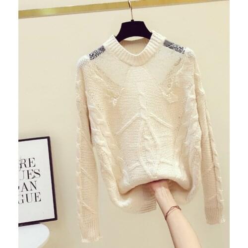 2020 Autumn Winter New Sweater Woman Fashion Hollow Lace Stitching Knitted Turtleneck Sweaters Womens Loose Knit Pullovers Tops