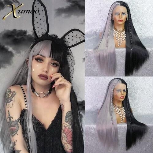 XUMOO Half Grey Black Synthetic Lace Front Wig Heat Resistant Long Straight Synthetic Wig With Bangs Cosplay Wigs For Women