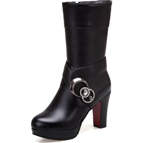 Metallic Decorated Rhinestone Side Zipper Knight Boots Thick Heel Thick Bottom Waterproof Platform Mid-heel Boots PU Mid-boots
