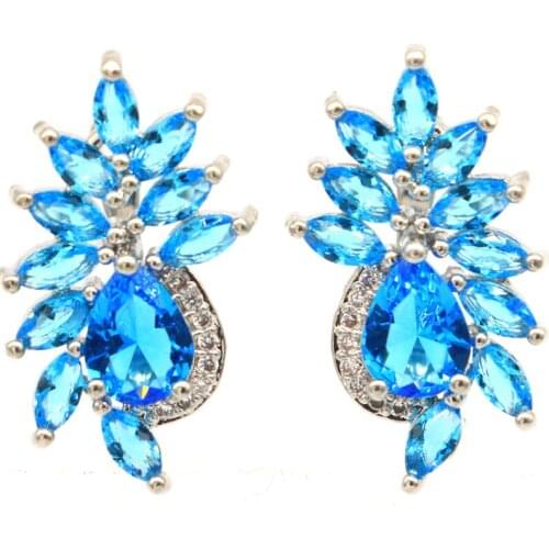 58x19mm Delicate Fine Cut Long Big Created London Blue Topaz For Ladies Wedding Silver Stud Earrings