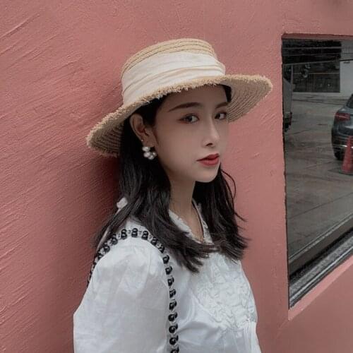 Retro Fashion Simple Bow Flat Top Raffia Woven Straw Hat Women Summer Vacation Beach Sun Protection Big Brim Straw Hat Headwear