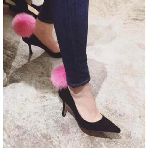 Spring autumn newest celebrity high heel shoes pink fur pom pom pointed toe woman pumps sexy dress high heels