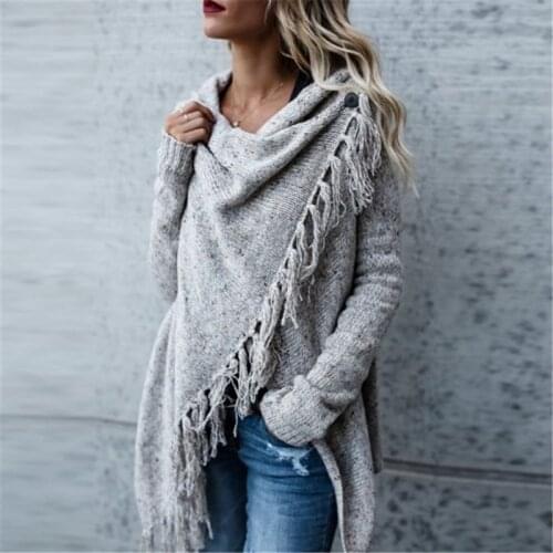 European and American womens clothing autumn and winter new mid long slim fringed coat sweater womens sweater cardigan