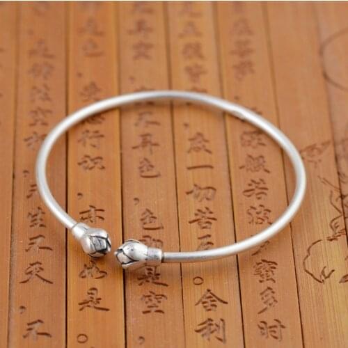 990 Sterling Silver Artisan Lotus women Bangle Cuff Bracelet Jewelry A3012