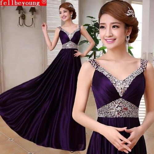 Floor-Length 2016 Double-Shoulder V-Neck Silk Beading Purple Long Evening Dress Bride Slim Wedding Party Dress DJ2354