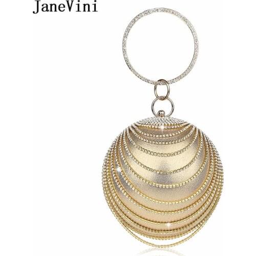 JaneVini Gold Bridal Clutch Purse Bag Luxury Wedding Evening Bags Round Spherical Diamonds Beaded Women Fashion Banquet Hand Bag
