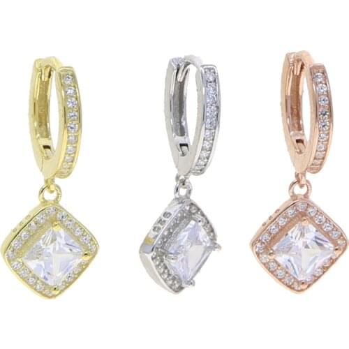 100% 925 Sterling Silver Geometric Square Halo Charm Drop Earring Sparking Bling Wedding Engagement Gift Jewelry