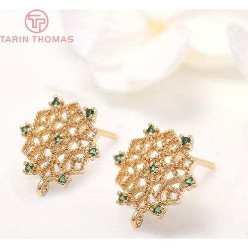 4PCS 12x13MM Hole 1MM 24K Gold Color Brass with Zircon Hexagon Stud Earrings High Quality Diy Jewelry Findings Accessories