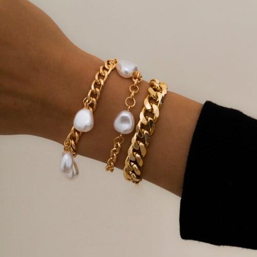 3Pcs/Set Imitation Pearl Baroque Tassel Pendant Bracelets for Women Chunky Thick Curb Link Chain Couple Bracelets Bangle Jewelry