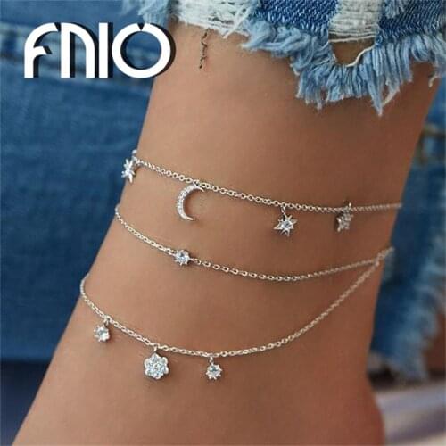 FNIO Bohemian Multilayer Anklets for Women Moon Star Silver Color Anklet Bracelet On Foot Leg Ankle Chain 2020 Fashion Jewelry