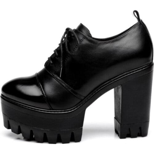 England Style Platform Shoes Women Top Quality High Heel Genuine Cow Leather Ankle Shoes Boots 2020 Winter Lace Up Ladies Pumps