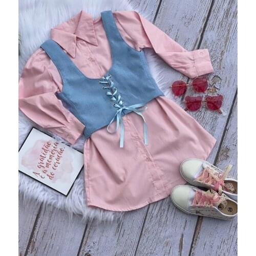 FOCUSNORM 0-5Y Fashion Kids Autumn Solid Dress+Denim Vest 2pcs Long Sleeve Single Breasted A-Line Dress